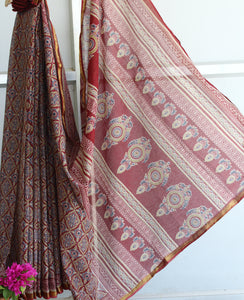 Maroon Ajrakh Cotton Silk Saree