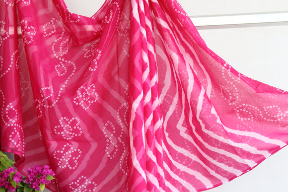 Hot Pink Lehariya Bandhej Chiffon Saree