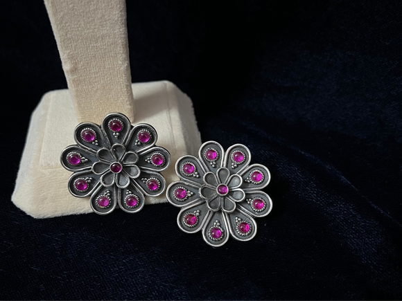 Detailed Ruby Flower Stud Earring