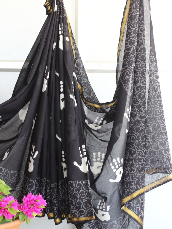 Black-White Palm Print Handblock Saree