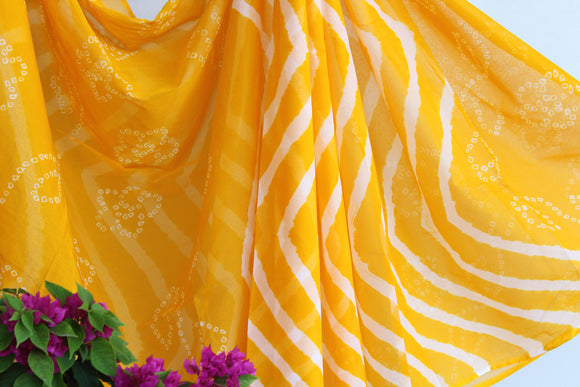 Mango Yellow Lehariya Bandhej Chiffon Saree