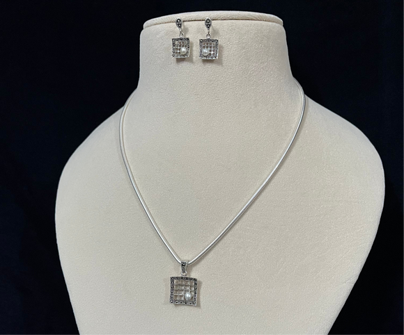 Marcasite Square Pearl Pendent Set