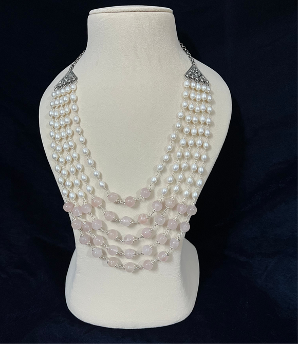 Five Layer Pearl and Rose Quartz Necklace