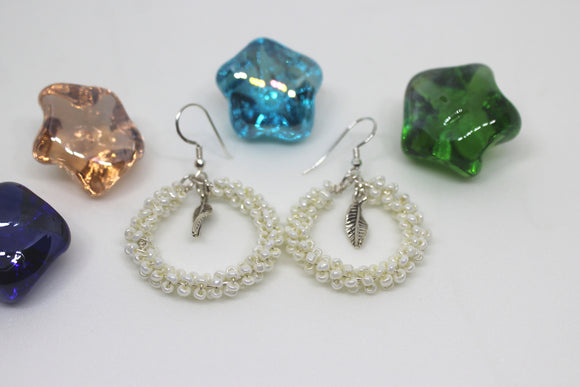 White Beads Ring with Leaf Charm Earring