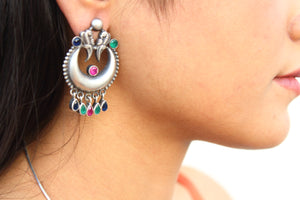 Love Birds On Chand Studded with Multicolor Stones Earring