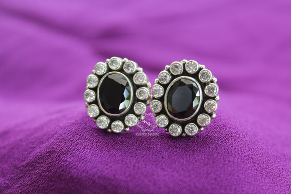 Sparkling Zircon And Black Stone Studded Stud Earrings